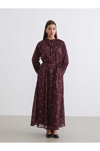 LC Waikiki Bordo Desenli Belden Oturtmalı Şifon Elbise