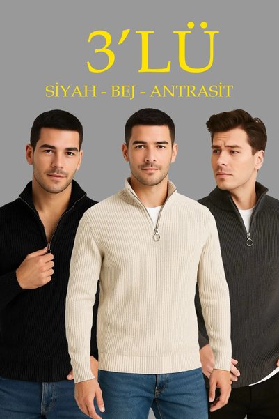 Generic Brand Men's Ribbed Knitwear Sweater Set of 3 Anthracite Black Beige T...