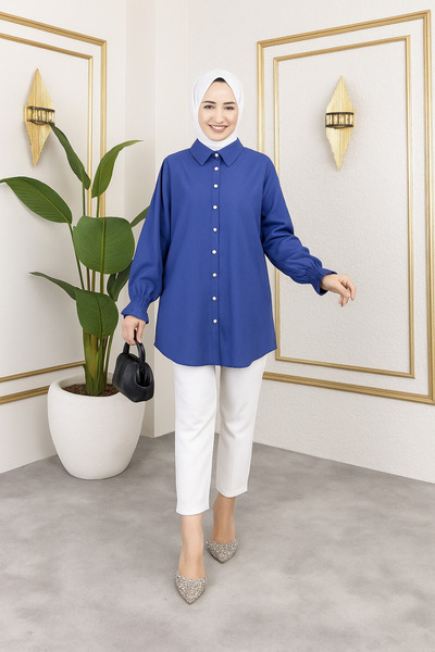 sd butique Yumuşak Dokulu Düğmeli Tunik - Kol Büzgülü - Tesettür Gömlek Tunik