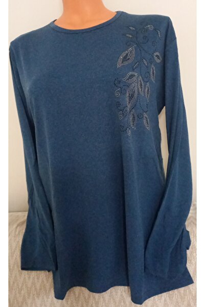 Anne بلوزة شتوية من القطن الممشط بأكمام طويلة وياقة دائرية باللون الأخضر المرصع