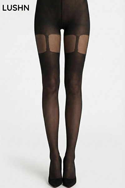 LUSHN Basic Suspender 30 Denye Siyah Klipsiz Jartiyer Görünümlü Dikişsiz Külo...