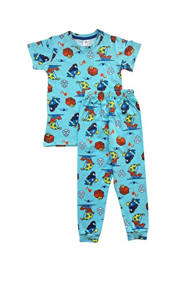 Kidora Kids Boy's 100% Cotton Blue Fish Patterned Summer Short Sleeve Pajama Set