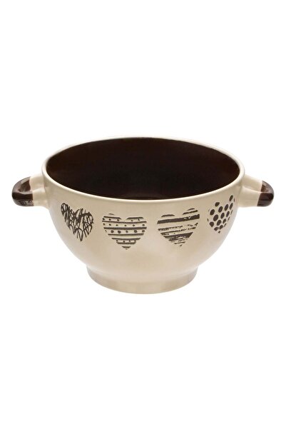 OEM Brown Porcelain Bowl with Beige Heart Pattern & Handles 650ml