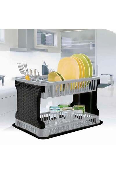 OEM Two-Tier Black Gray Plastic Rattan Dish Rack 40x26x27cm