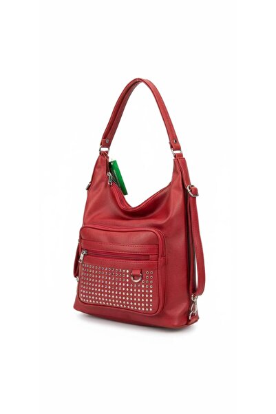 Çanta Trend Red Shoulder Bag with Soft Texture and Leather-Look Staple Detail...