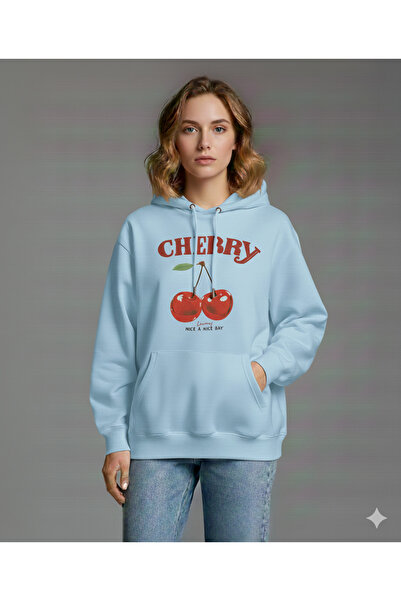 ALİ.COM Cherry-Happy Printed Hooded Pocket Cotton Oversized Unisex Thick Wint...