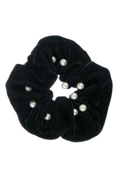 OEM Velvety Black Hair Scrunchie with White Beads