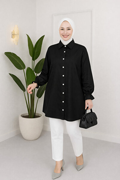 sd butique Yumuşak Dokulu Düğmeli Tunik - Kol Büzgülü - Tesettür Gömlek Tunik