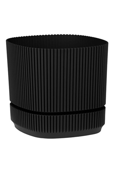 OEM Ghiveci din Plastic Patrat Negru cu Dungi & Farfurie Incorporata 17x17x15...