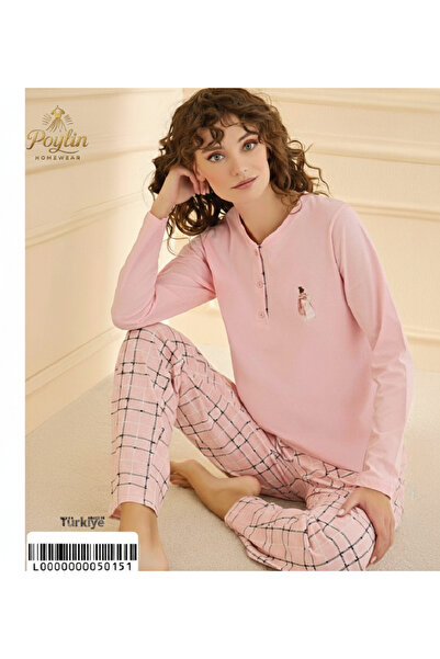 Mihra Kadın Pembe %100 Pamuklu Penye Pijama Takımı - Düğme Detaylı Ekose Dese...