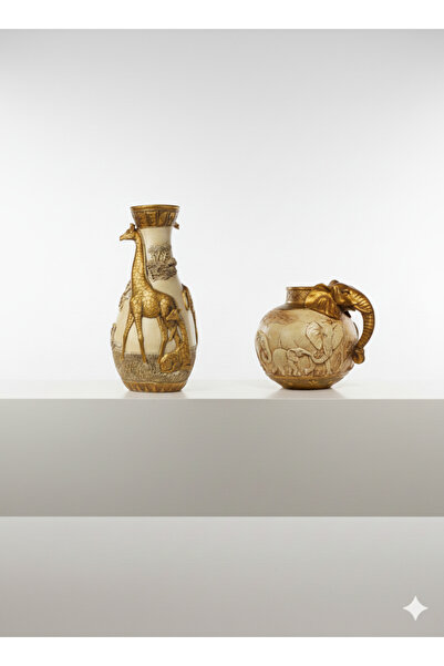 HİSTİCARET İKİLİ ZÜRAFA FİL SAFARİ DESENLİ DEKORATİF BİBLO SÜS VAZO