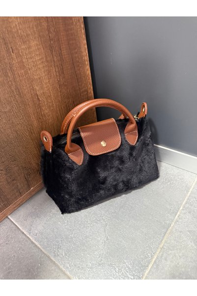 Melos Butik Women's Black Plush Tote Mini Hand and Crossbody Bag