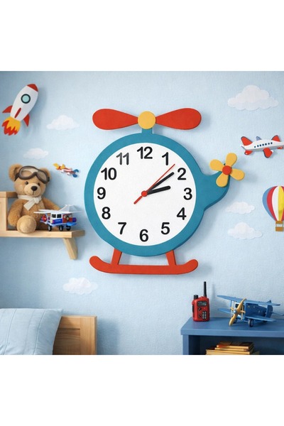 Ste Desing Helikopter Figürlü Çocuk ve Bebek Odası Duvar Saati ( 46*45 cm )