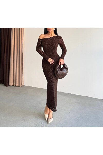 Kedi Fashion Leopar desen tek omuz elbise