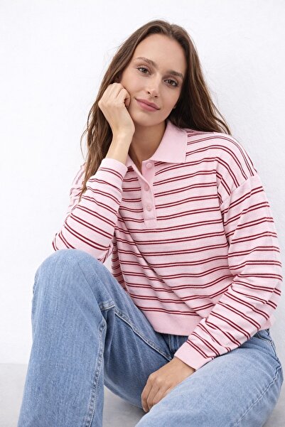 Noi Belis Oversized Striped Half Placket Button Polo Neck Knitwear Sweater Aw...