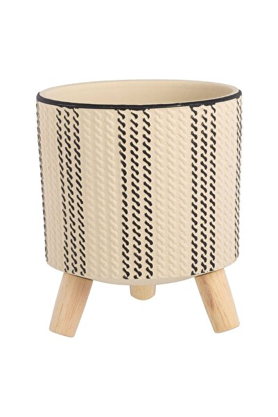 OEM Beige Ceramic Flower Pot Mask with Stripe & Wooden Legs Ø17x17cm - 2.8L