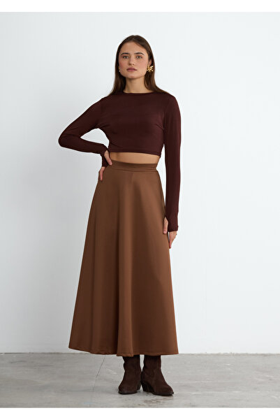 LADYA COLLECTION Καφέ Μακριά Φούστα με Βολάνα Mirel