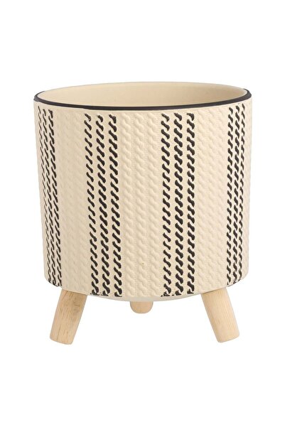 OEM Masca Ghiveci Ceramica Bej cu Dunga Neagra & Picioare din Lemn Ø14x14cm -...