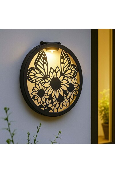 OEM Black Metal Solar Decoration with Sunflower & Butterflies Ø25.5cm