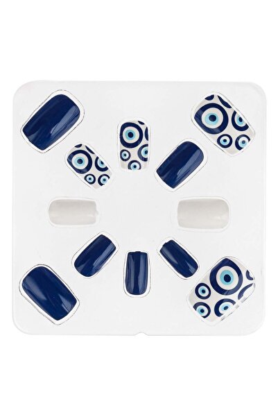 OEM Set Unghii False de Vara Ovale Albe Bleu Model Ochi - 12buc