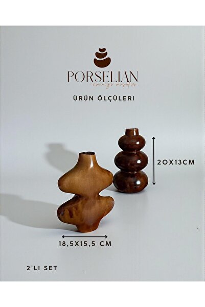 Porselian İkili Cilalı Kahverengi Ahşap Görünümlü Balon ve Soyut Vazo - Moder...