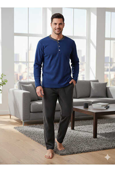 Sude HOMEWEAR Men's Fleece Pajama Set with Pocket Top Blue Bottom Brown