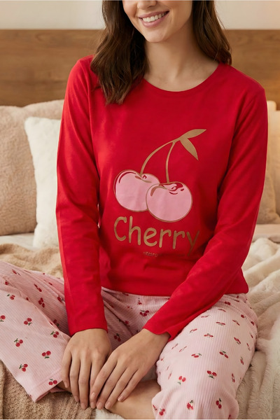 MORRO Women's 100% Cotton Single Jersey Textured Pajama Set with Pattern and ...