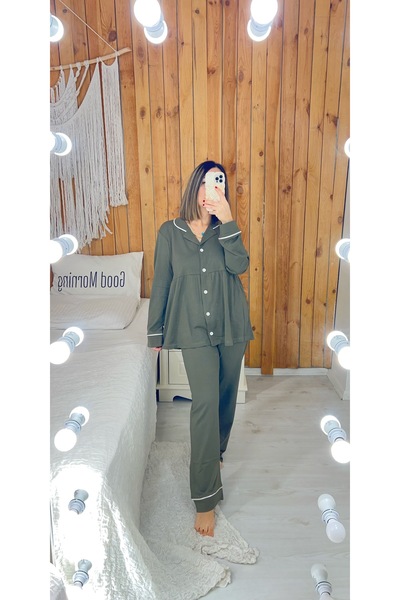 ByGamzeArman Haki Yeşil Renk Penye Pamuk Kumaş Pileli Hamile Lohusa Pijama Ta...