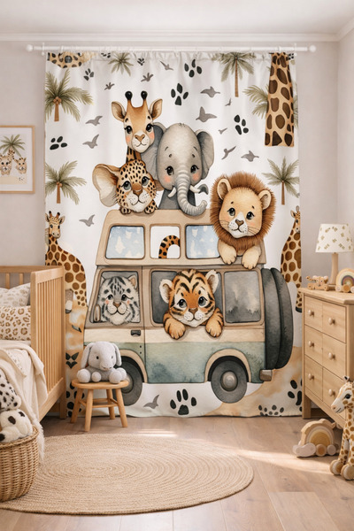 ALAMODECOR Safari Hayvanat Bahçesi Model Çocuk Bebek Odası Kahverengi Fon Perde