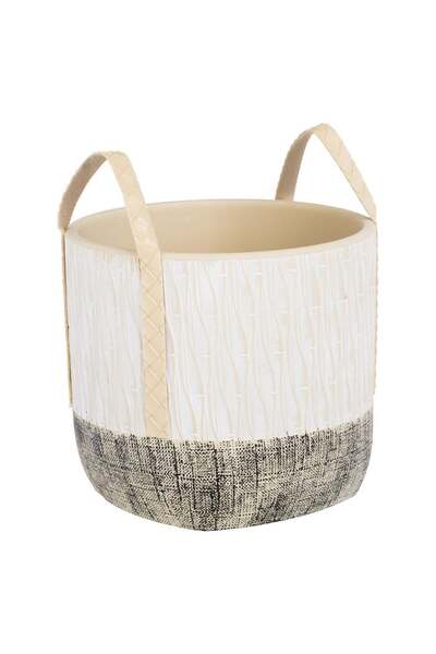 OEM Ceramic Flower Pot Mask Ecru Beige with Embossed Pattern & Handles Ø17x15...