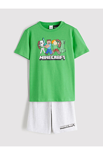 LC Waikiki Zeleni Minecraft Štampano set pidžama za dečake sa šortama