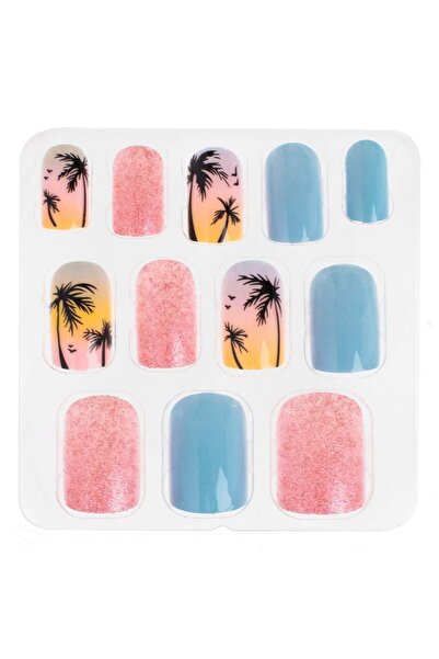 OEM Set of Square Adhesive False Nails Pink Blue with Glitter Palm Trees Summ...