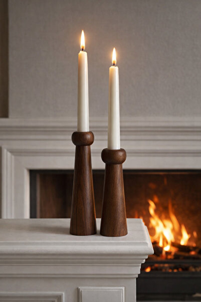 mebaconcept Ceviz Rengi Ahşap Şamdan Seti 2’li – 14 cm & 18 cm | Dekoratif Mu...