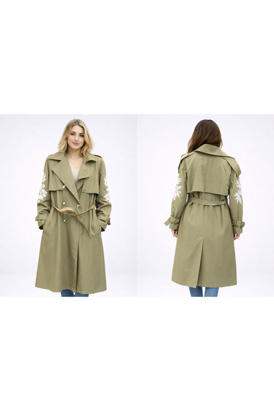 ince moda giyim Nakış Detaylı Kemerli Haki Yeşil Trençkot