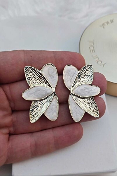 KYOLA DESİGN White Pearlescent Large Flower Gold Women's Earrings