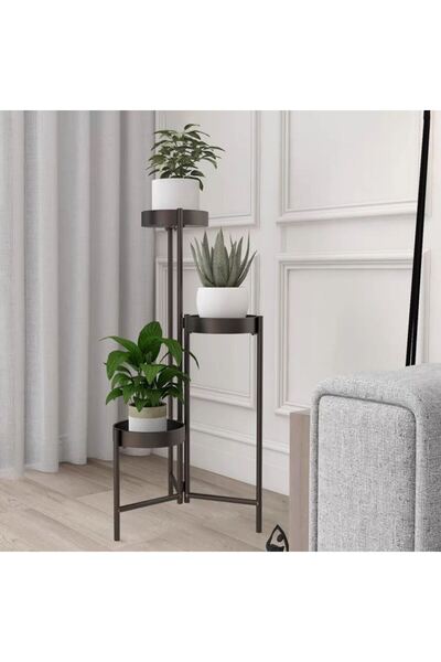 OEM Suport Metalic Negru Mat cu 3 Nivele pentru Ghivece Flori 42x42x66cm