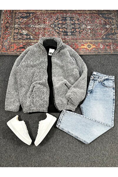 tetramoda Men's Plush Jacket & Blue Snow Wash Baggy Jeans Combination