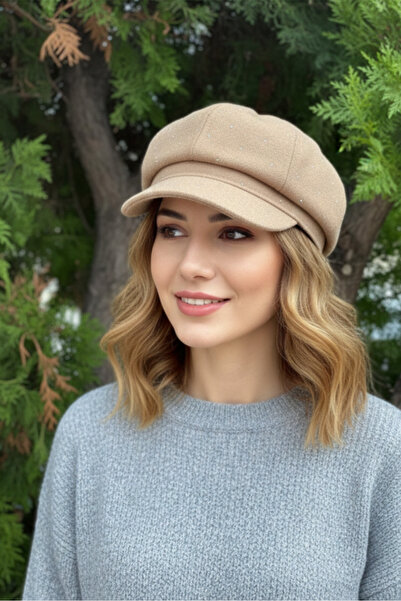 stravis Tan Cap Hat with Stones on It