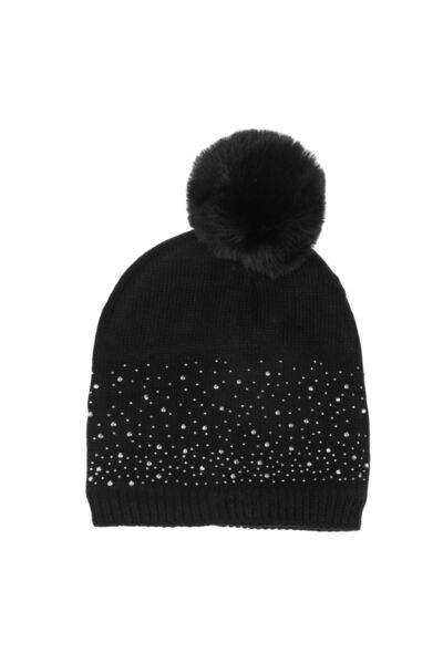 OEM Black Knitted Hat with Strass & Pompom Lining for Women