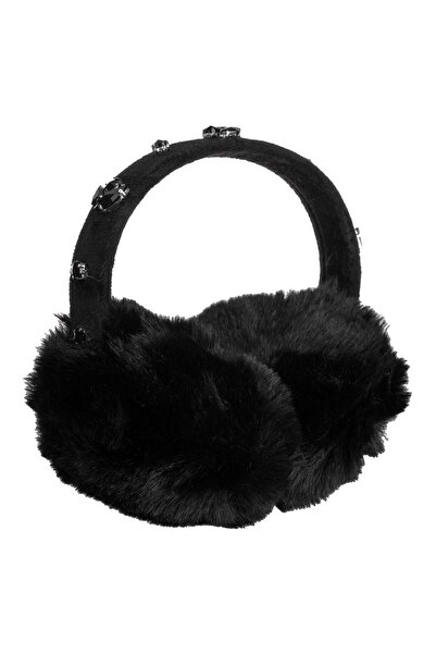 OEM Aparatori Urechi cu Blana Artificiala Neagra & Pietre Negre pentru Femei