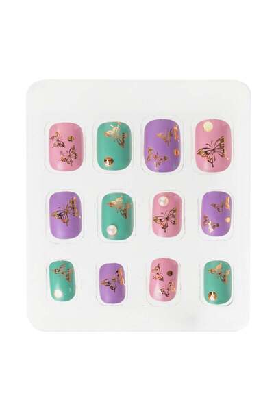 OEM Adhesive False Nails Pink Lilac Mint Green Butterflies Beads for Kids - 1...