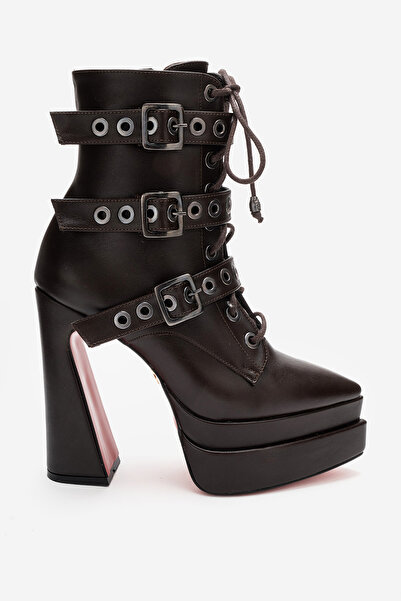 Ayakkabı Ateşi Women's Three Buckle Pointed Toe High Heel Zippered Boots Pate...