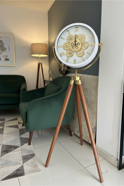 BARALİ Tripod Ahşap Ayaklı Gold Ceviz Çarklı Lüks Dekoratif Saat