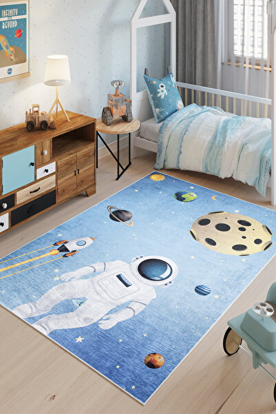 HaLıFoRuM Çocuk Odası Halısı Makinede Yıkanabilir Uzay Desen Astronot KİDS-2029