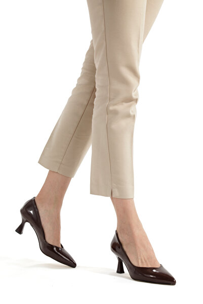 PAYZİN Stiletto Brown Patent Leather 5 cm Goblet Heel V-Cut Low-Cut Pointed T...