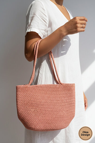 Olea Kadın Metal Detaylı El ve Omuz Çantası/ Kordon Pamuk İp Dikiş Kol Çantası