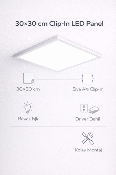 luxshome 30x30 Sıva Altı Clip In LED Panel Beyaz Işık 6500K Tavan Armatürü Of...