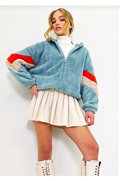 Azra Moda Style Paneled Hooded Zippered Plush Cardigan for Women