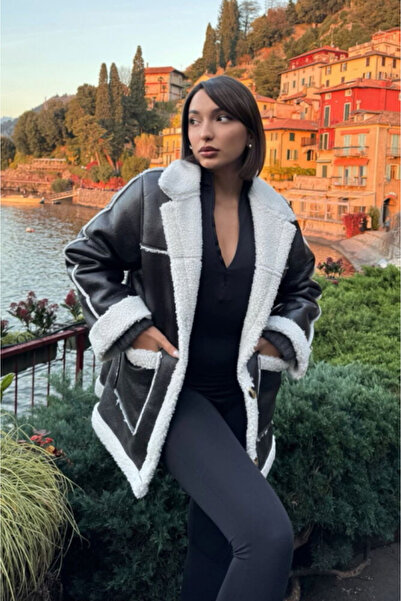 Stephany Boutique -Leather Jacket with Contrasting Fur - Black/White