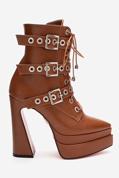 Ayakkabı Ateşi Women's Three Buckle Pointed Toe High Heel Zippered Boots Pate...